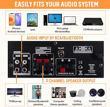 Sunbuck Small Amplifier, 400Wx2 Stereo Receiver for Home Audio, Optical/Coaxial Jacks for TV/CD/DVD/LP/PC, Support 192kHz Audio, Bluetooth Amplifier with RCA/USB/FM/AUX, Receiver for Speaker, AS-35BU