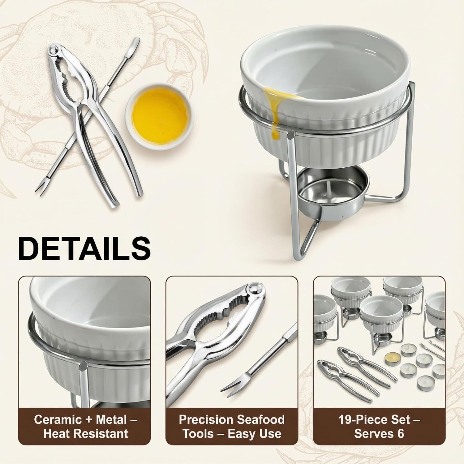 Seafood Butter Warmers, 19-Piece Butter Warmer Set Ceramic & Metal Heat-Resistant Melting Pots, Includes 6 Lobster Shellers & 7 Picks, Professional Crab Crackers and Tools（Candle Not Included）