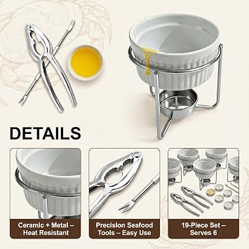 Seafood Butter Warmers, 19-Piece Butter Warmer Set Ceramic & Metal Heat-Resistant Melting Pots, Includes 6 Lobster Shellers & 7 Picks, Professional Crab Crackers and Tools(Candle Not Included)