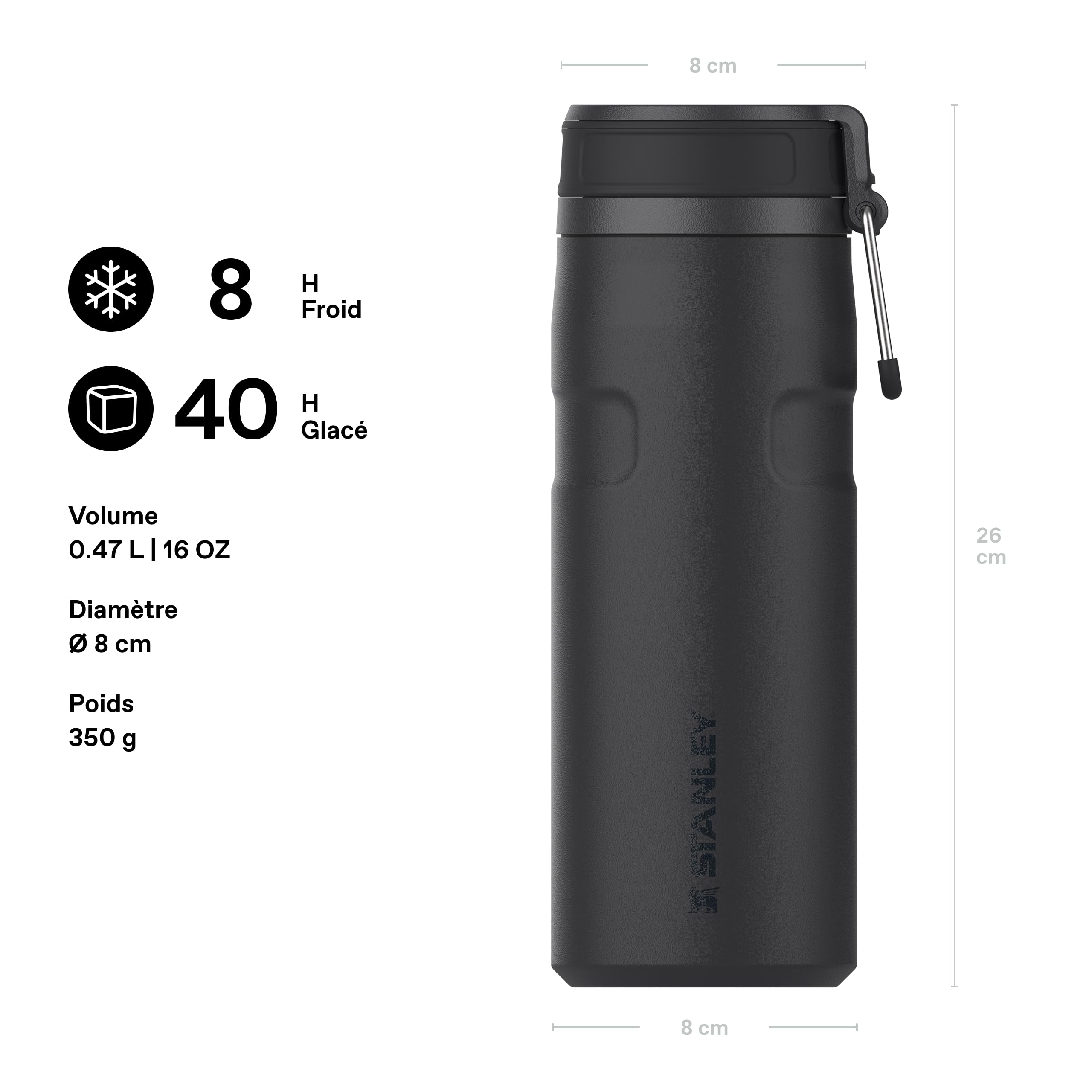 Stanley IceFlowBottle Twist Flip 0.47L - 12 Heures Froid - 3 Jours Glacé - Lavable Au Lave-Vaisselle - Acier Inoxydable Recyclé - Sans BPA - Isolation Sous Vide - Black 2.0