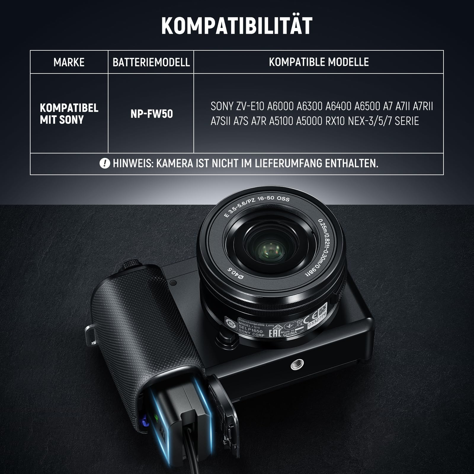 NEEWER D Tap to NP-FW50 - Fälschungsakku mit V-Kabel, stabile Dauerspannung für Sony ZV-E10 A3000 A5000 A5100 A6000 A6100 A6300 A6400 A6500 A7 II A7R II