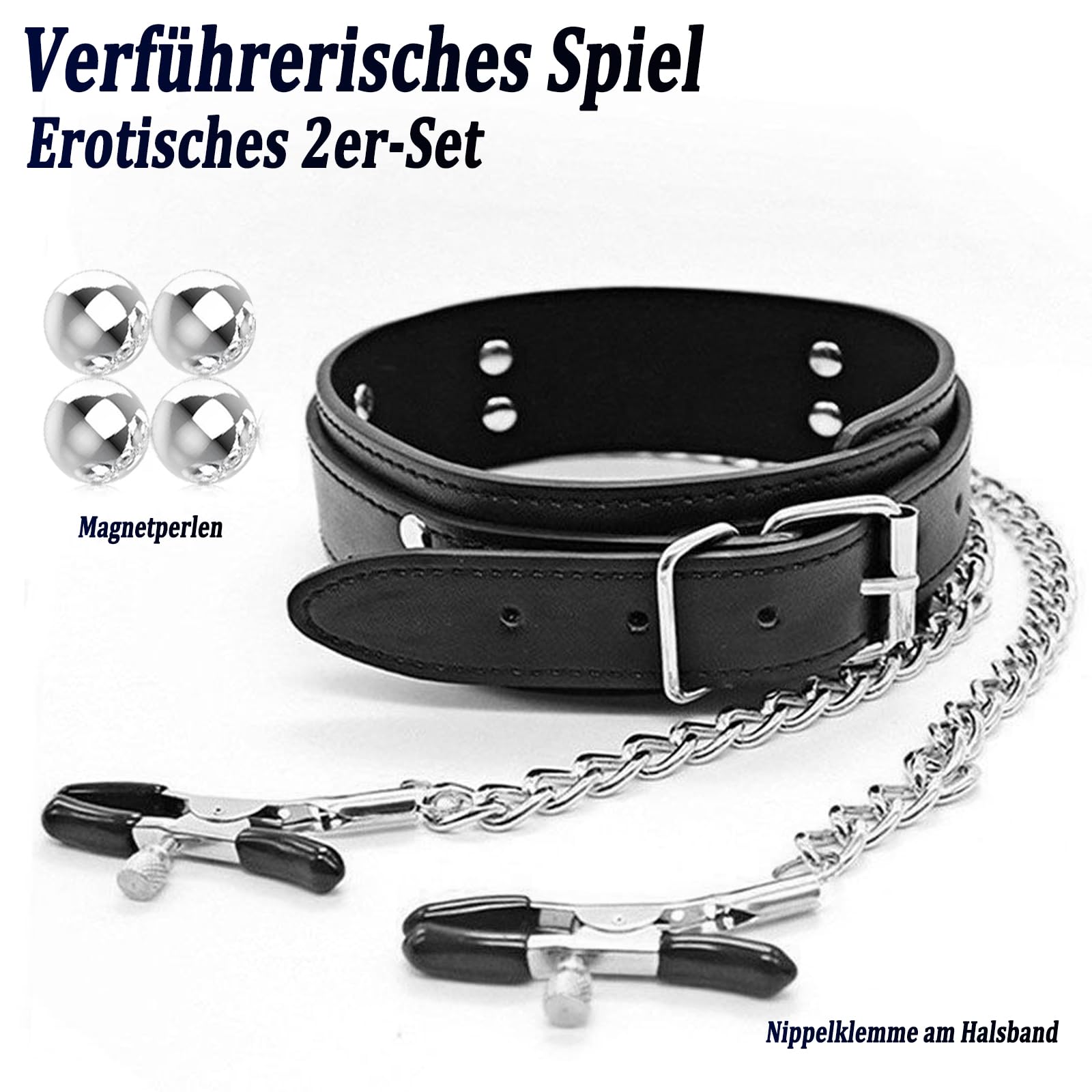 BDSMYEE Pinces à Tétons Réglable Bondage Collier + 4 Métal Pinces à Tétons, Pinces à Seins avec Chaîne Sextoys Adultes pour Femmes Hommes Couples