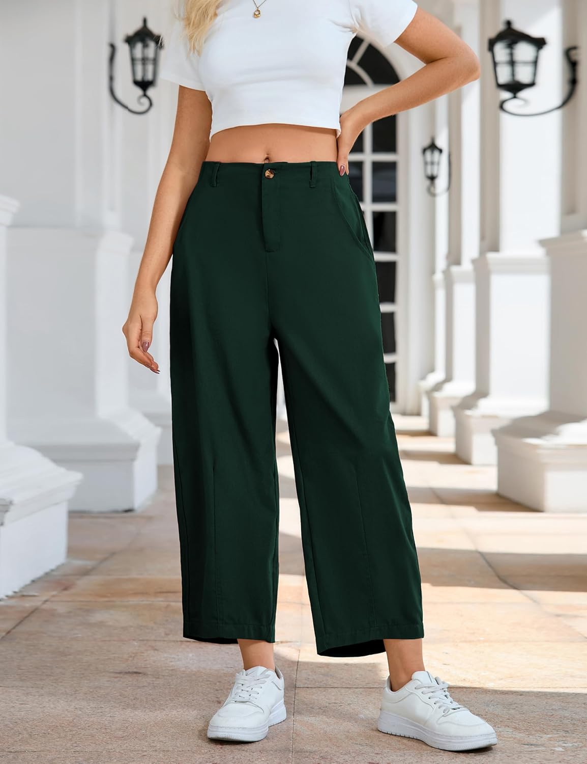 Xiaoxuemeng Linen Pants Women Wide Leg Capri Beach Pants Elastic Waisted Baggy Linen Trousers - Image 8