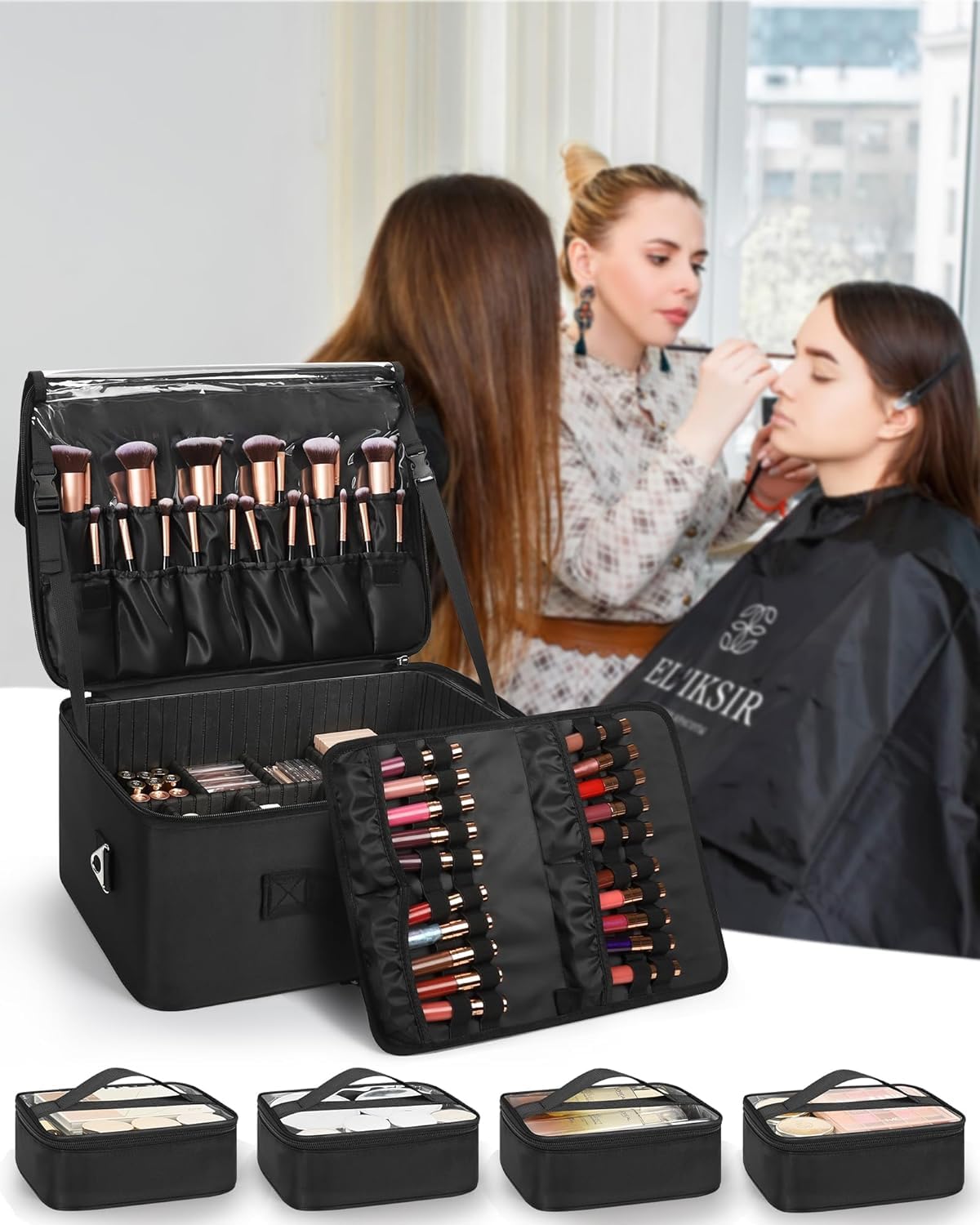 Relavel Valigetta da trucco XXL, organizer professionale con portapennelli, 4 tasche trasparenti, piastra rossetto, tracolla e scomparti regolabili per trucchi