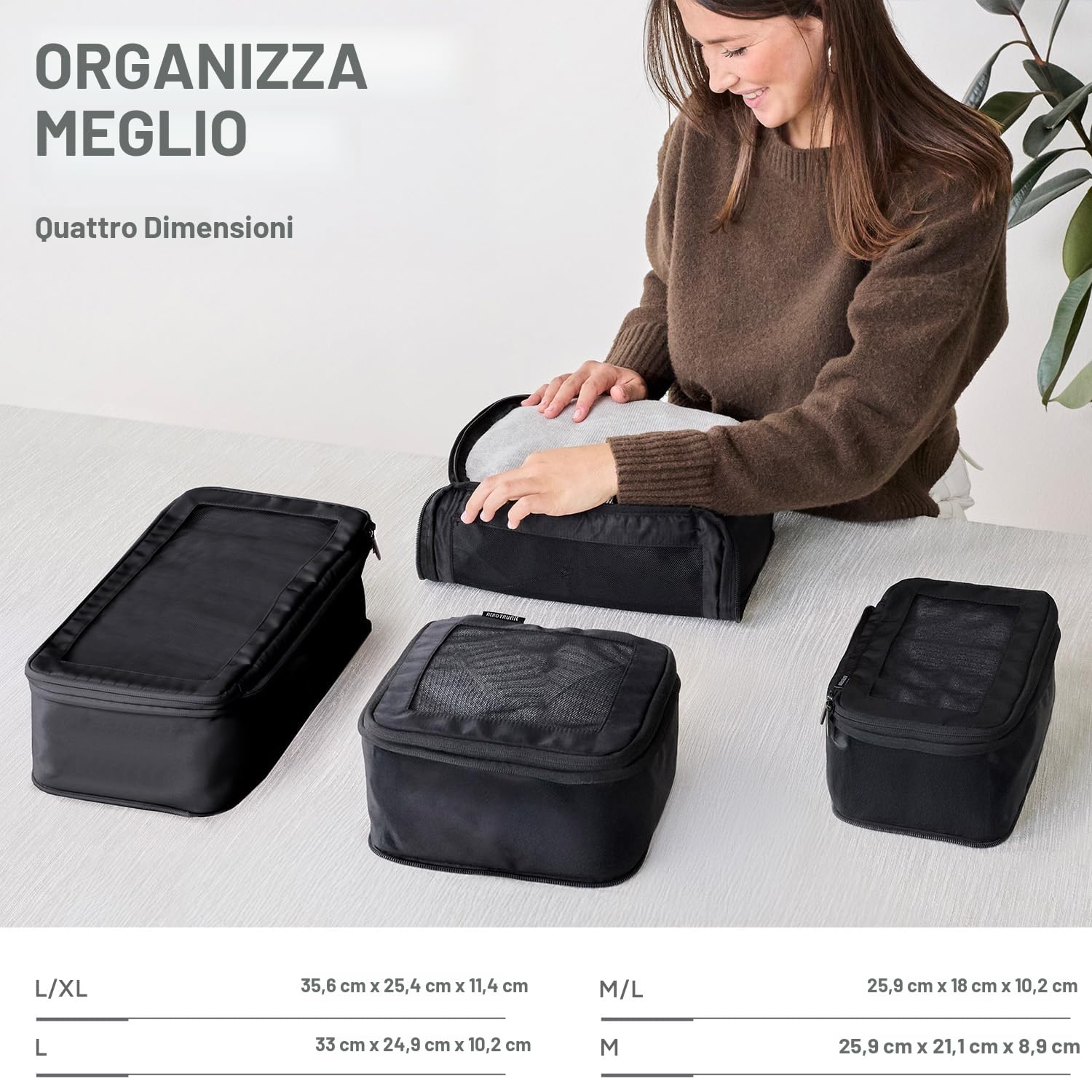Aerotrunk Cubi da viaggio a compressione, organizer per bagagli, con doppia cerniera, per valigie (confezione da 4, nero)