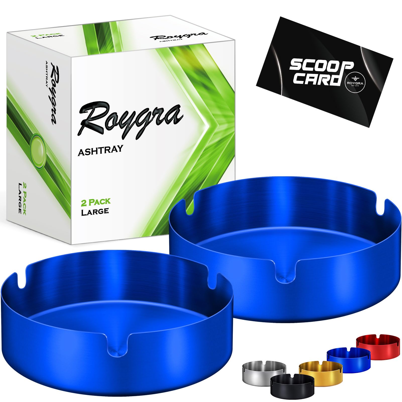 roygra Stainless Steel Ash Tray (2 Pack), Outdoor Ashtray for Outside Patio, Ashtrays for Cigarettes with 3 Holder, Smoking Accessories, Home Décor, Ashtrays for Smokers Indoor - Blue, Large