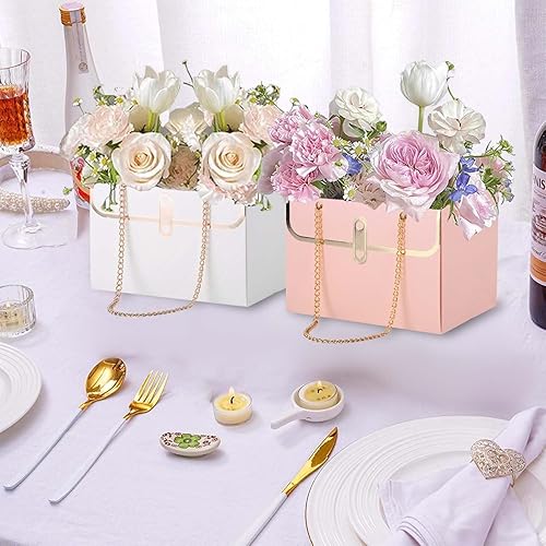 Miniatura 2 de LIJINGCHEN Caja de regalo de papel de flores de 15 piezas, cubo de almacenamiento de ramo de flores con cadena de metal, bolsa de flores para boda,