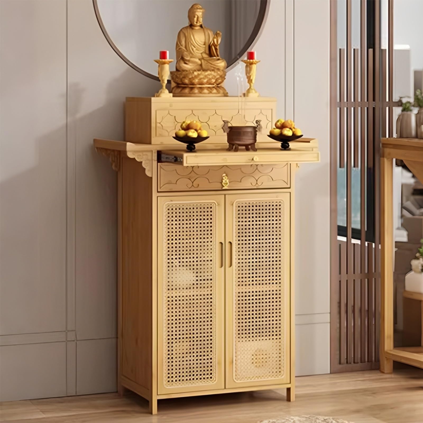 LSOPCYE Chinese Shrine Altar Table, Bamboo Buddha Buddhist Altar Cabinet