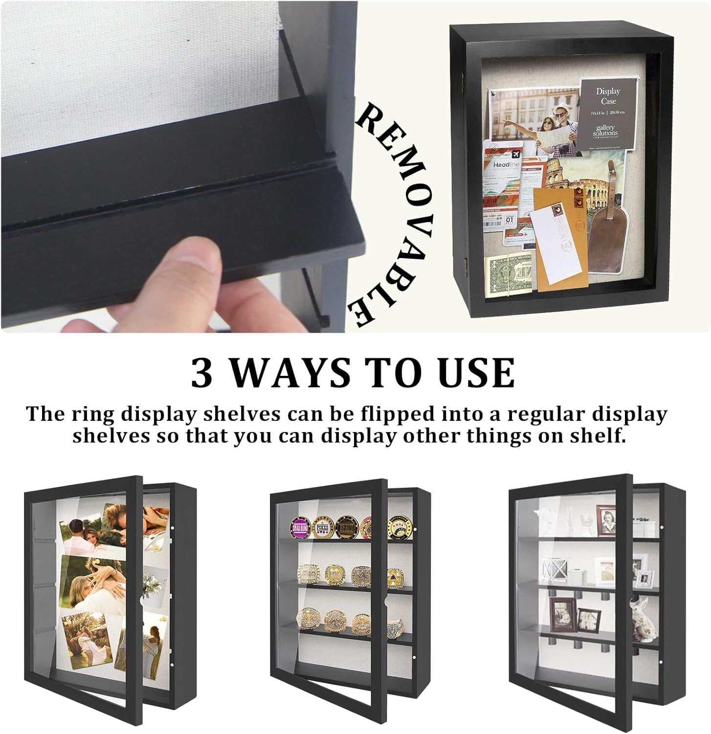 Shadow Box Display Case 11x14, Deep Shadow Box Picture Frame with Linen Back and Removable Shelves, Wooden Memory Box for Wedding Bouquet, Photos, Medals, Keepsakes (Black, 11x14)