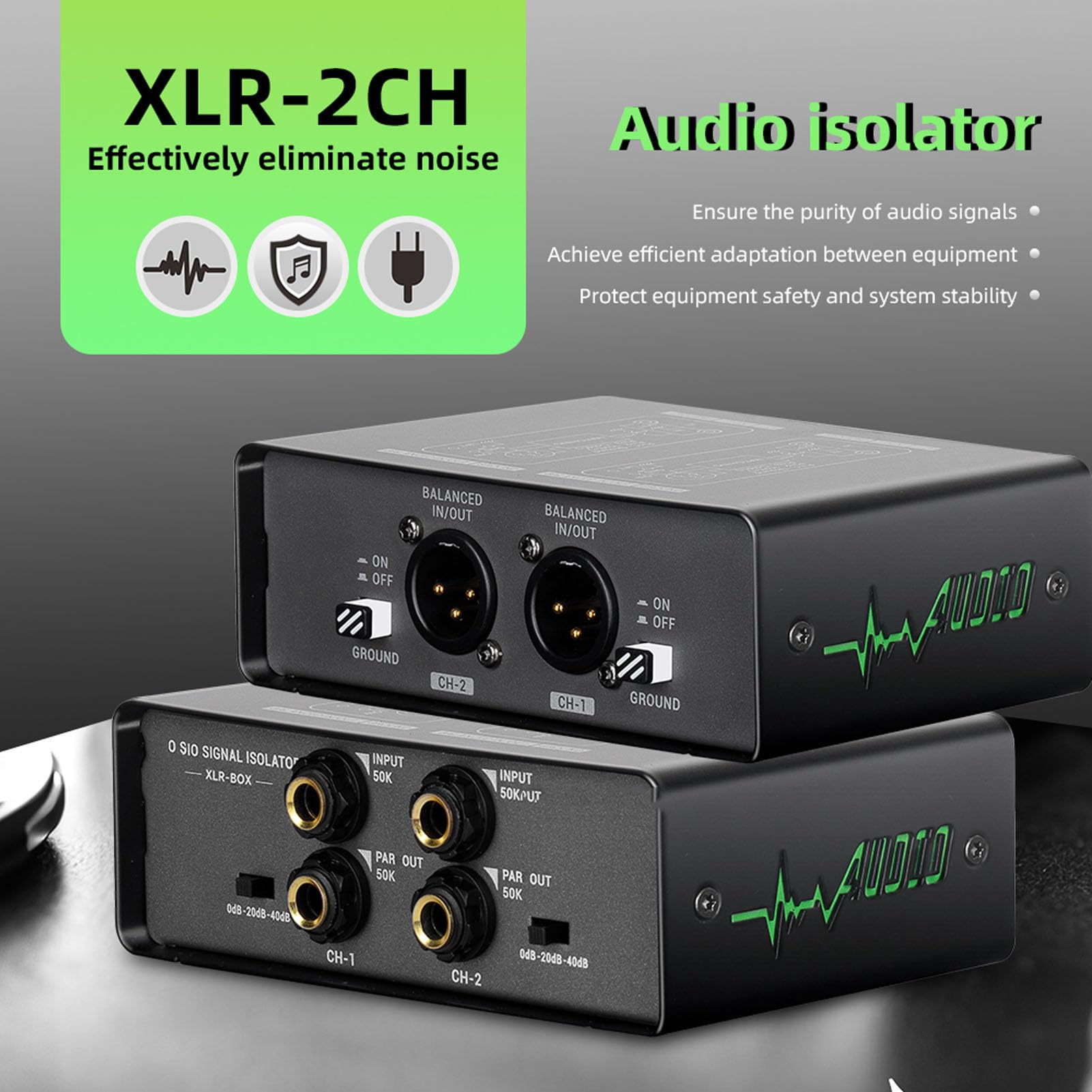 Annadue Isolatore del Rumore del Loop di Massa, Eliminatore del Ronzio, Filtro Antirumore a Doppio Canale con Regolazione del Guadagno a 3 Livelli, con Connettore XLR