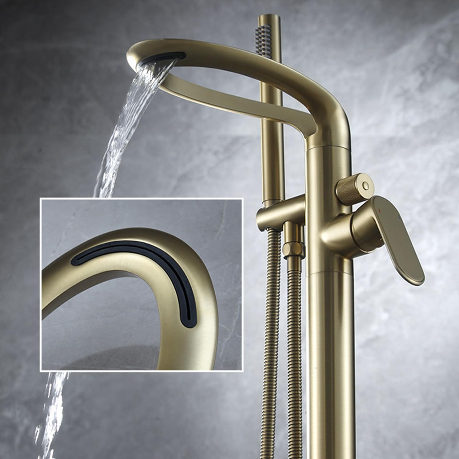 Grifo Mezclador de Bañera Y Ducha Grifo de Bañera Independiente Cromado con Cascada de Agua Fría Y Caliente Giratoria 360° Grifo de Bañera Independiente de Latón con Un Solo Mando