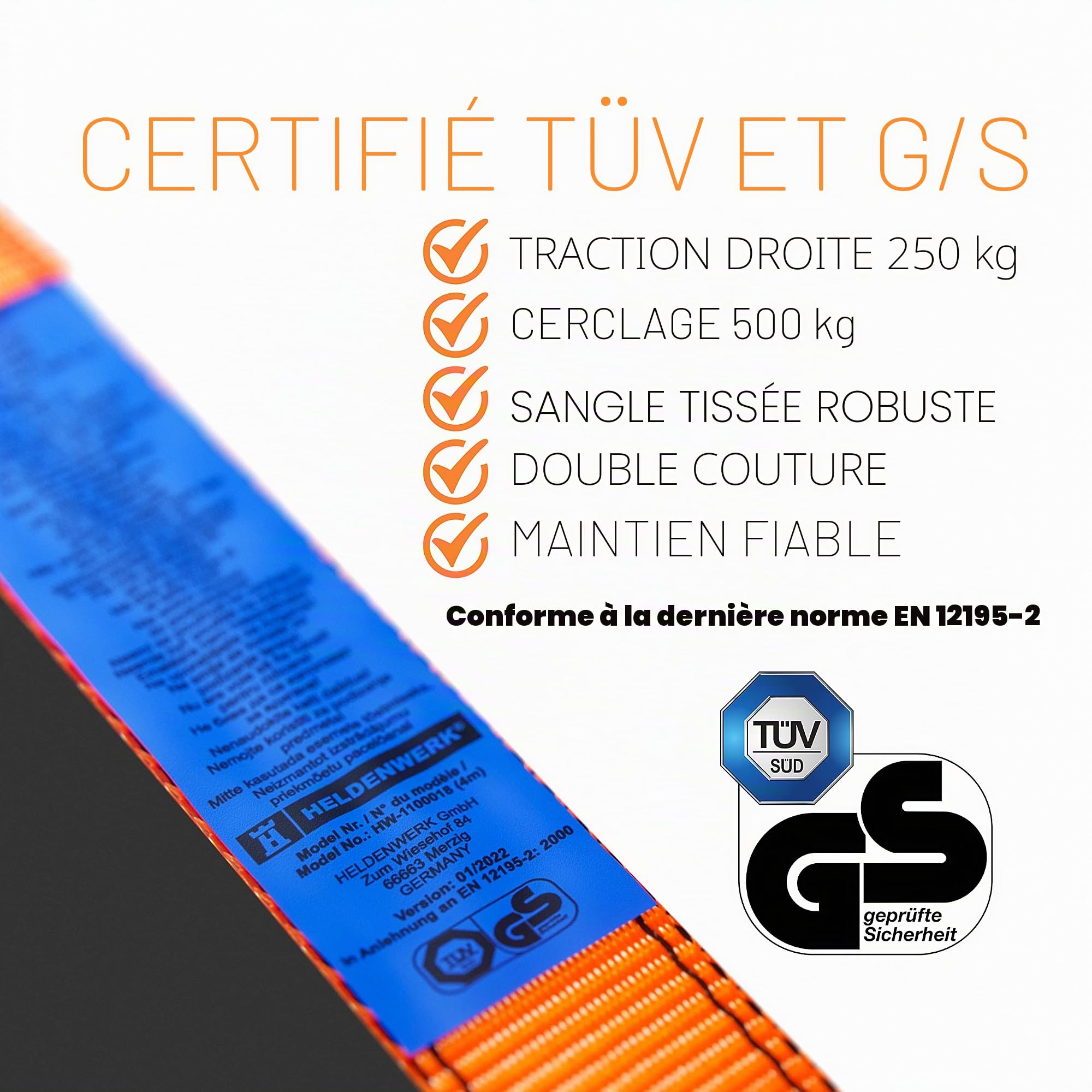 Heldenwerk Lot de 4 sangles d'arrimage avec cliquet de 4 m, 5 m ou 6 m - Certifiées TÜV/GS - Avec double couture - Résistantes aux intempéries et robustes, 1100020