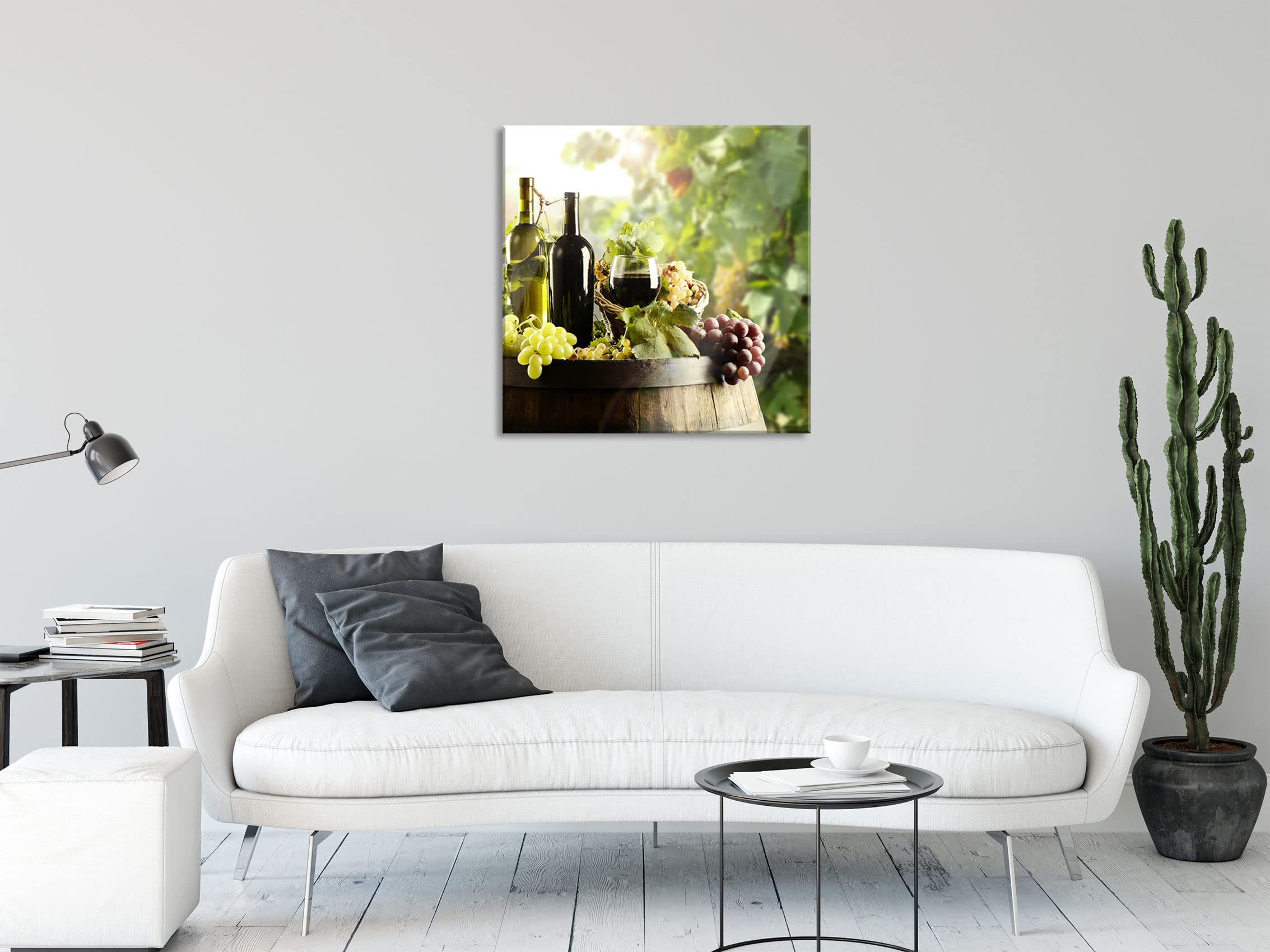 Pixxprint Glasbild, Wandbild auf Echtglas, Weintrauben am Fass, 80x80 cm, inkl. Aufhängung und Abstandshalter