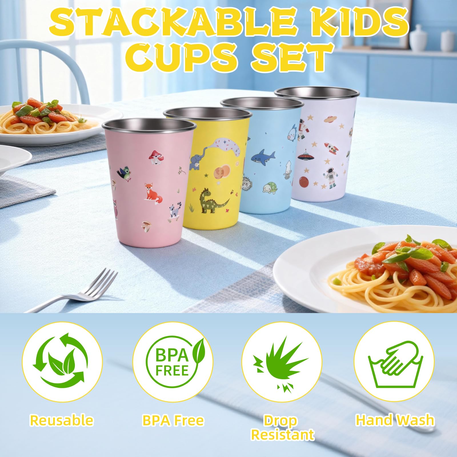 Hejo Set di 4 Tazze in Acciaio Inox per Bambini, Impilabile Tazza campeggio 350 ml, Riutilizzabili, Tazze infrangibili per bambini e bambine, per Picnic, Viaggi, Barbecue, Escursioni