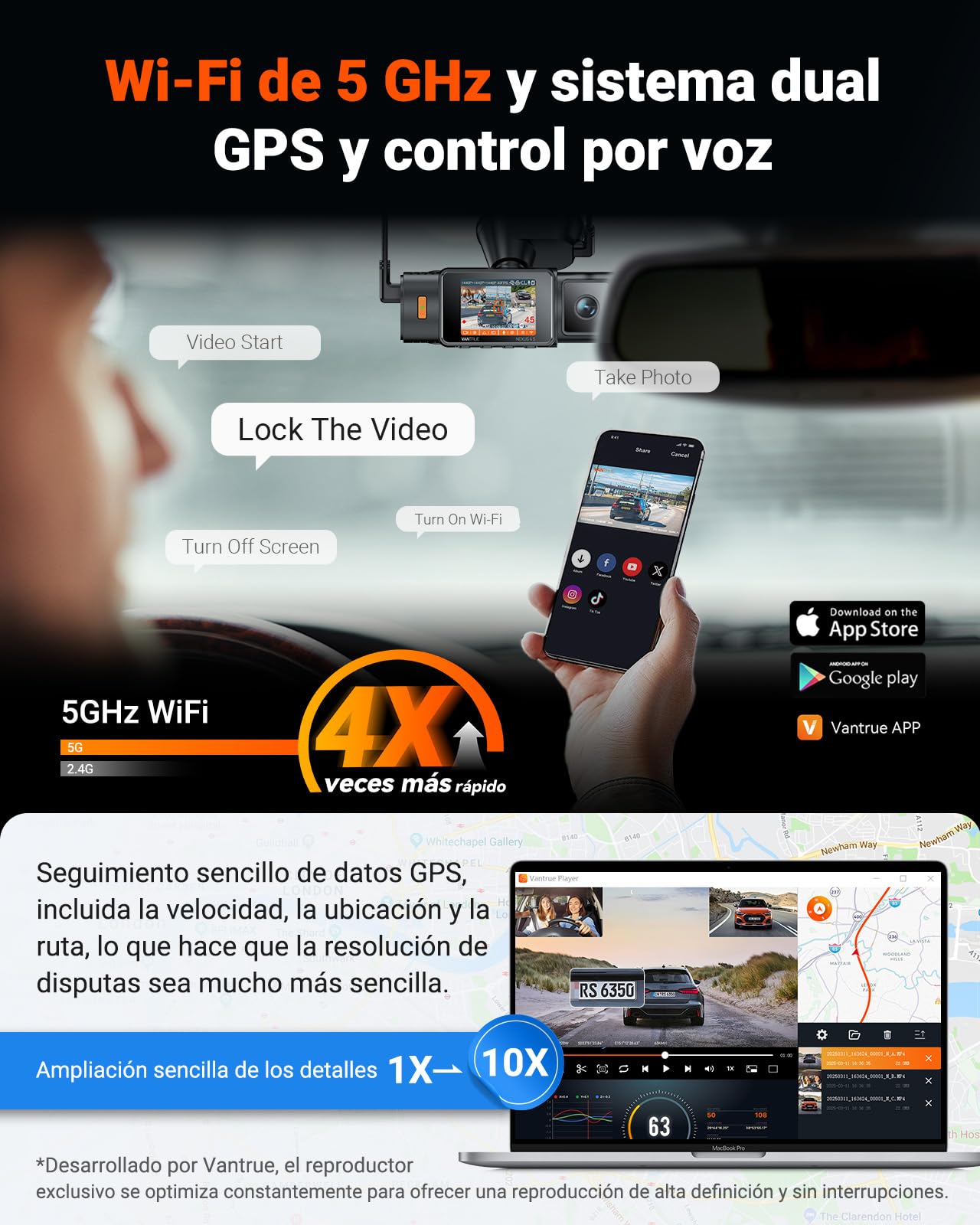 VANTRUE N4S Triple Dashcam Coche 2.7K+2.5K+2.5K Delantero y Trasero Interior, 5GHz WiFi GPS Cámara integrada por Infrarrojos, 3 Canuax HDR 360 Grados, Control de Voz, 10s Pregrabación, MAX 1 TB