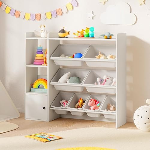 Miniatura 8 de Costzon Organizador de almacenamiento de juguetes para niños con 8 contenedores, estantería de madera para niños pequeños con estantes abiertos y