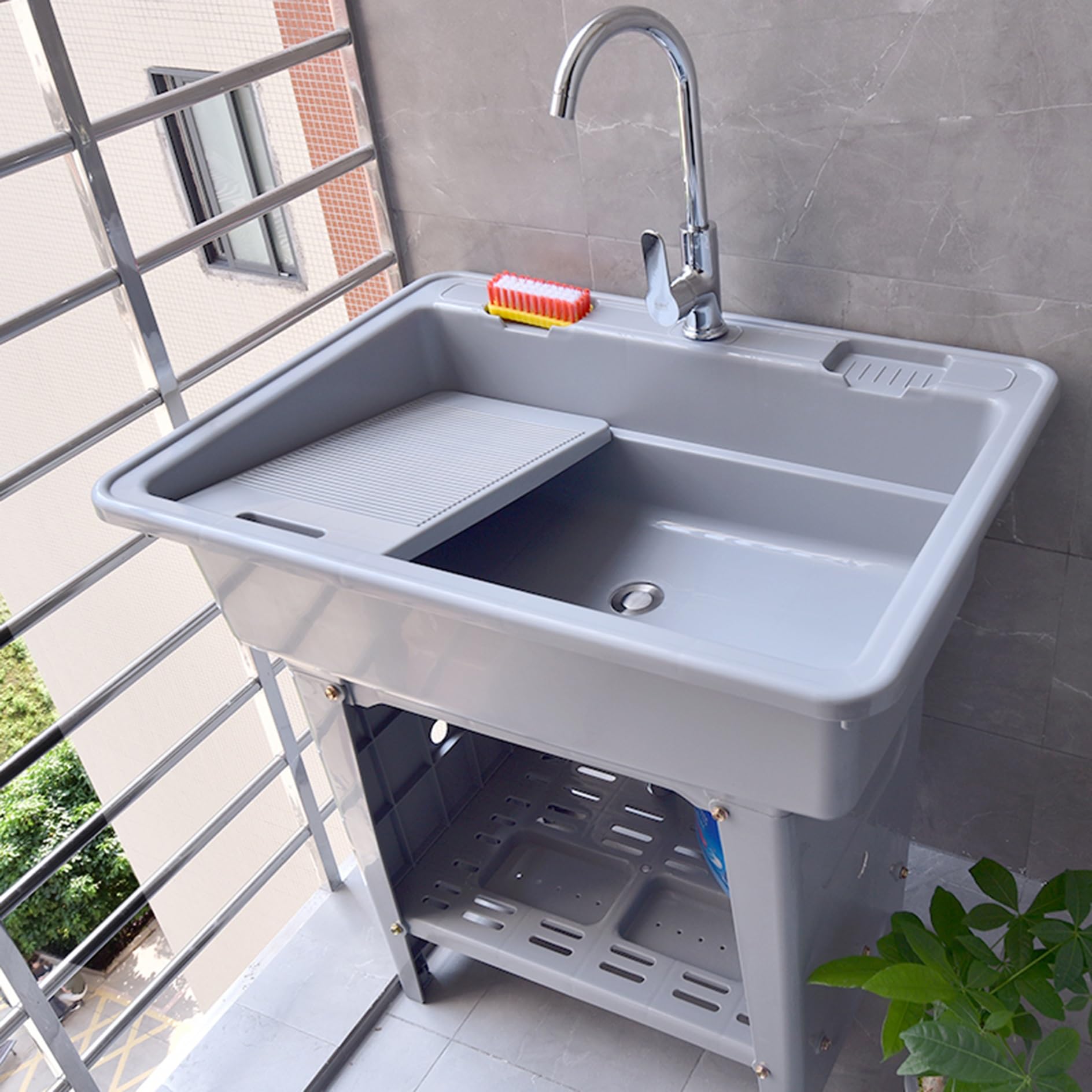 Portable Plastic Utility Sinks,Outdoor Garden Sink with Faucet,Freestanding Heavy-Duty Hand Wash Station,Laundry Tub with Washboard,for Washing Room,Garage,RV,Commercial,Industrial(Grey,68x58x80cm)