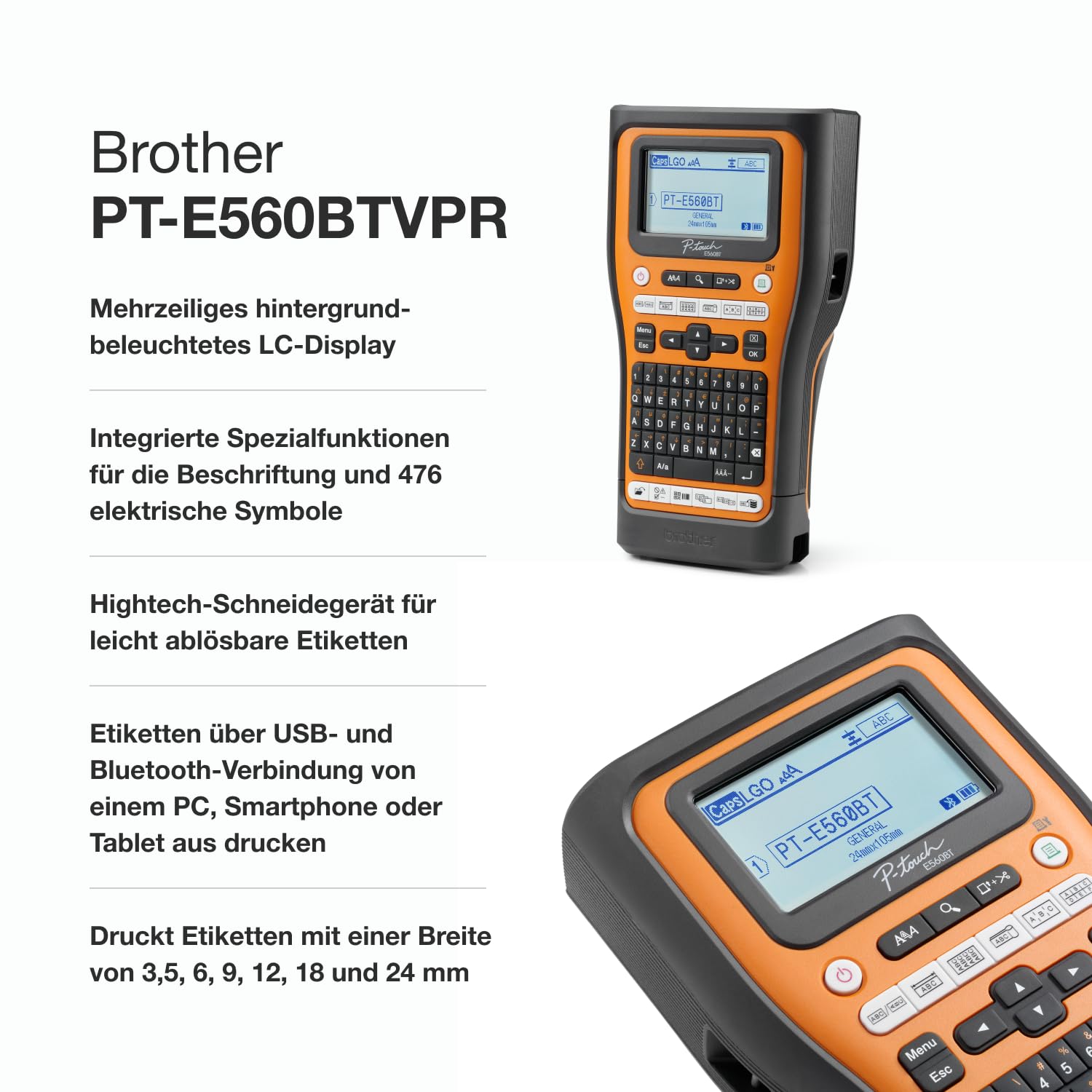 Brother PT-E560BTVP - Etichettatrice industriale con Bluetooth, batteria agli ioni di litio e custodia per il trasporto (per nastri TZE larghi 24 mm, tubi termoretraibili HSE larghi 18 mm, stampa a