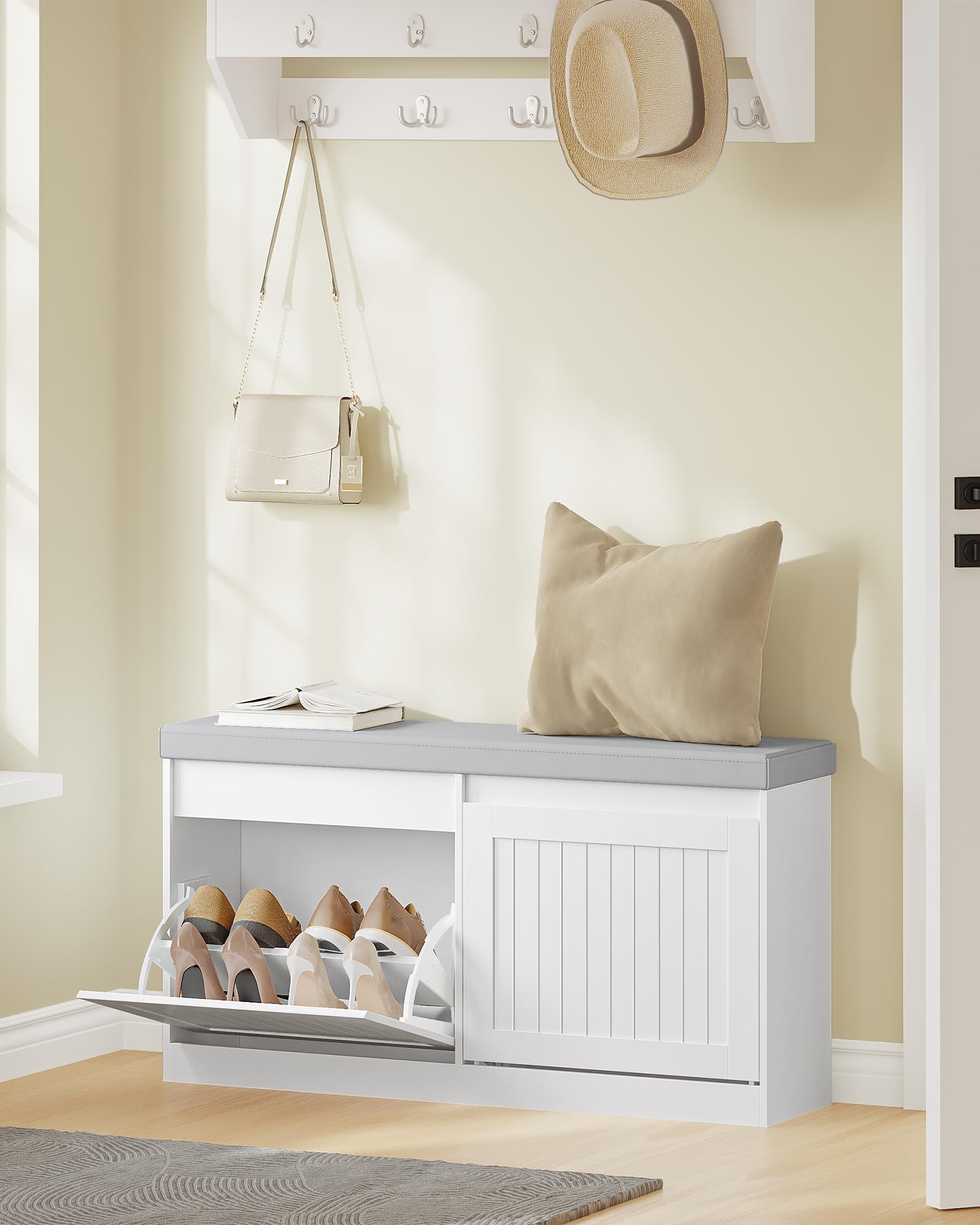 Hzuaneri Banco Zapatero, Mueble Zapatero con Asiento Tapizado, Almacenamiento Oculto, para 8 Pares de Zapatos, 25 x 103 x 50 cm, para Entrada Dormitorio Sala de Estar, Blanco SB26303GY