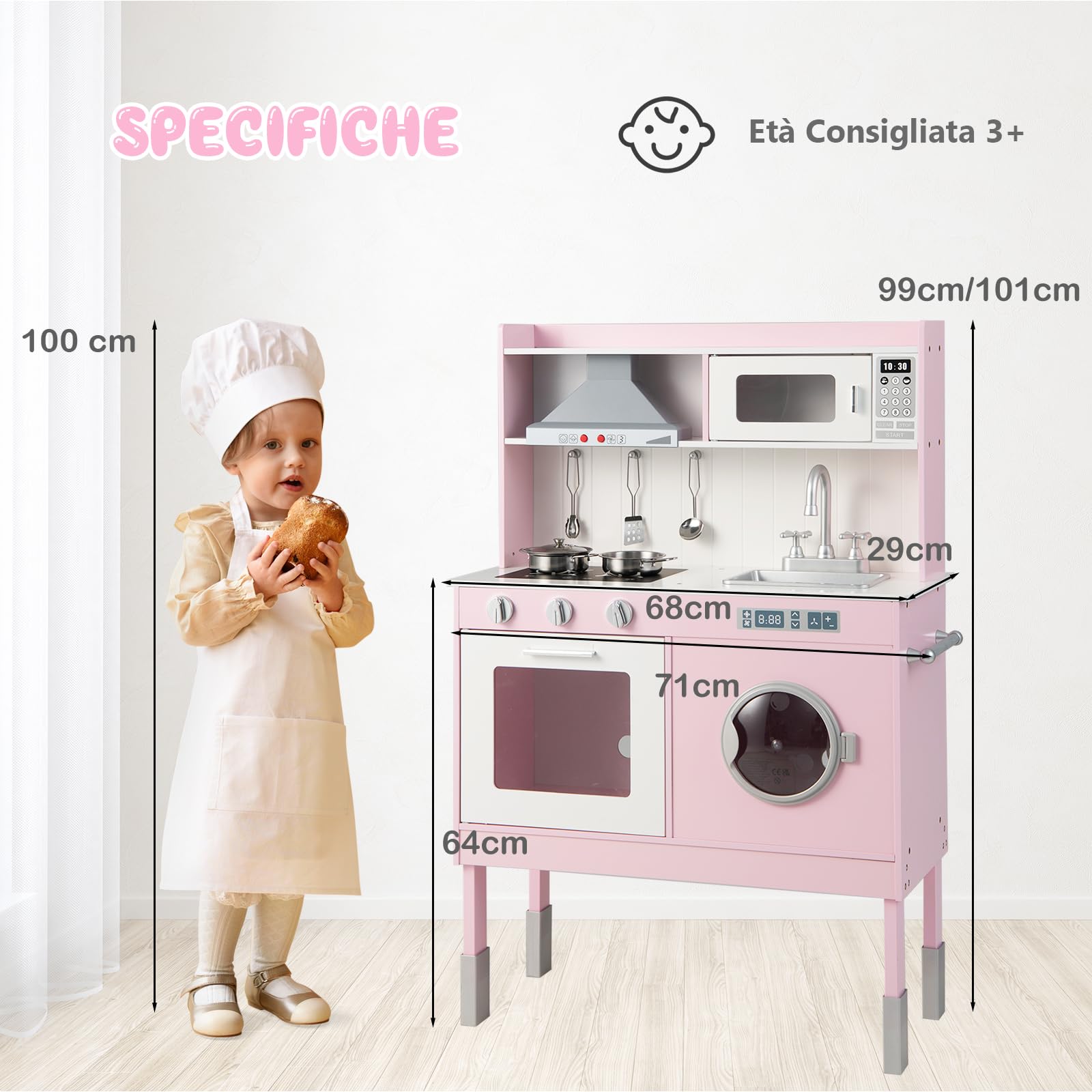 GYMAX Cucina Giocattolo per Bambini in Legno, Gioco Cucina con Accessori, Set da Gioco per Bambini con Luci e Suoni, Kit da Cucina Montessori con Abbricatore di Ghiaccio dai 3 Anni + (Stile 3)