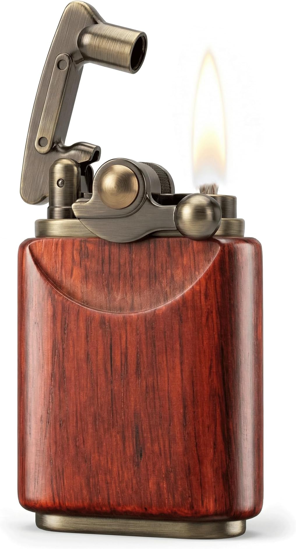Vintage Rosewood Rocker Arm Kerosene Lighter - Antique Copper-Toned Mechanical Trench Fire Starter, Leak-Proof O-Ring Seal, Wood & Metal Petrol Device, Unique for Men, EDC