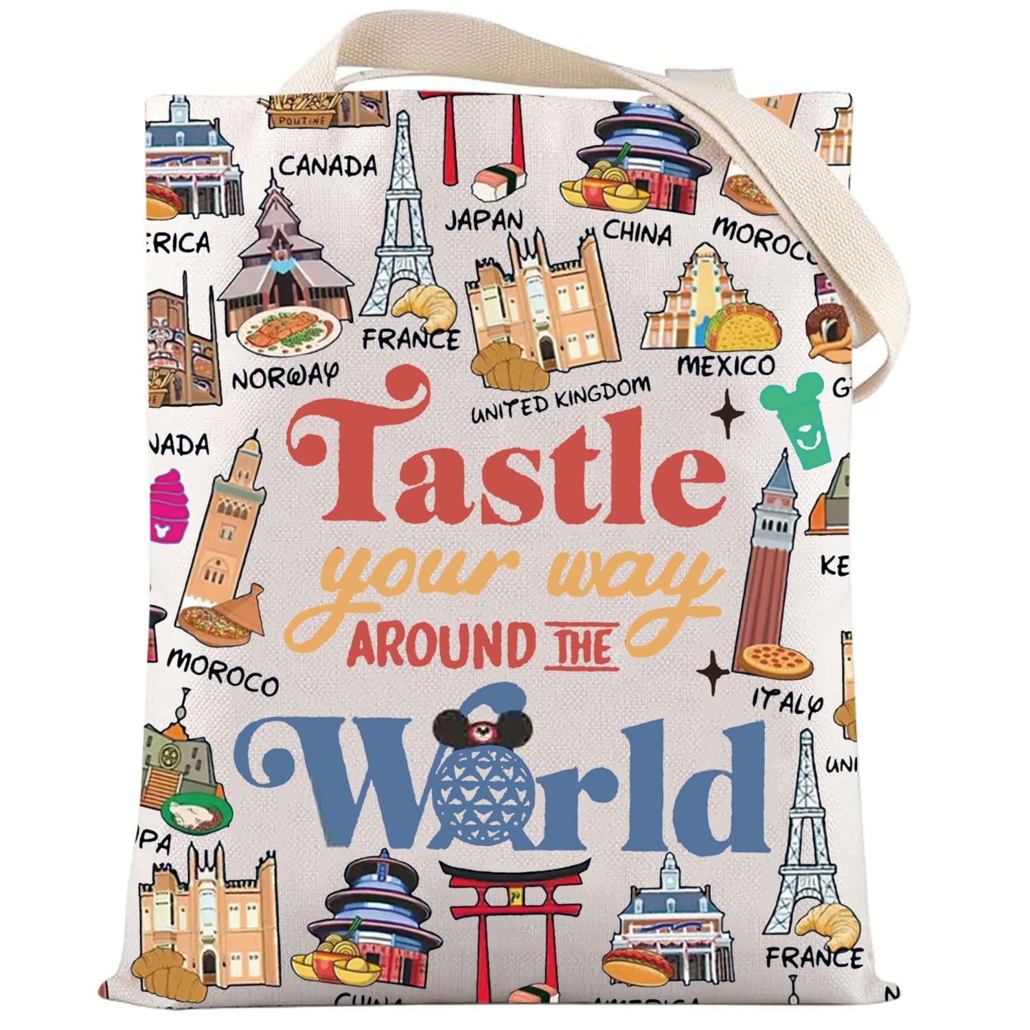 LEVLO Magic Kingdom Food & Wine Festival Tote Bag Snack Lover Gift Taste Your Way Around The World Snack Shoulder Bag, Taste Your Way Tote, M