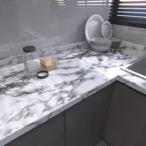 Miniatura 3 de VOLEAAR Papel de contacto de mármol blanco y negro de 11.7 x 393.7 pulgadas, papel tapiz de mármol para despegar y pegar, impermeable, autoadhesivo,
