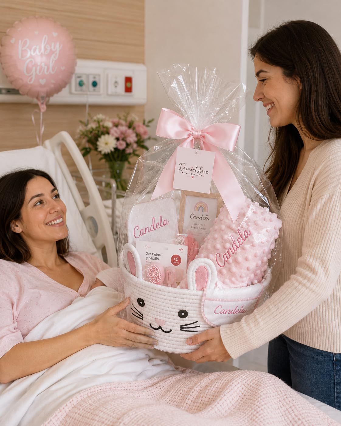 Canastilla Bebé Personalizada con Nombre Bordado | Regalo Recién Nacido | Cesta Bebé Premium con Manta Minky, Toalla, Babero, Muselinas y Accesorios | Danielstore (Rosa)