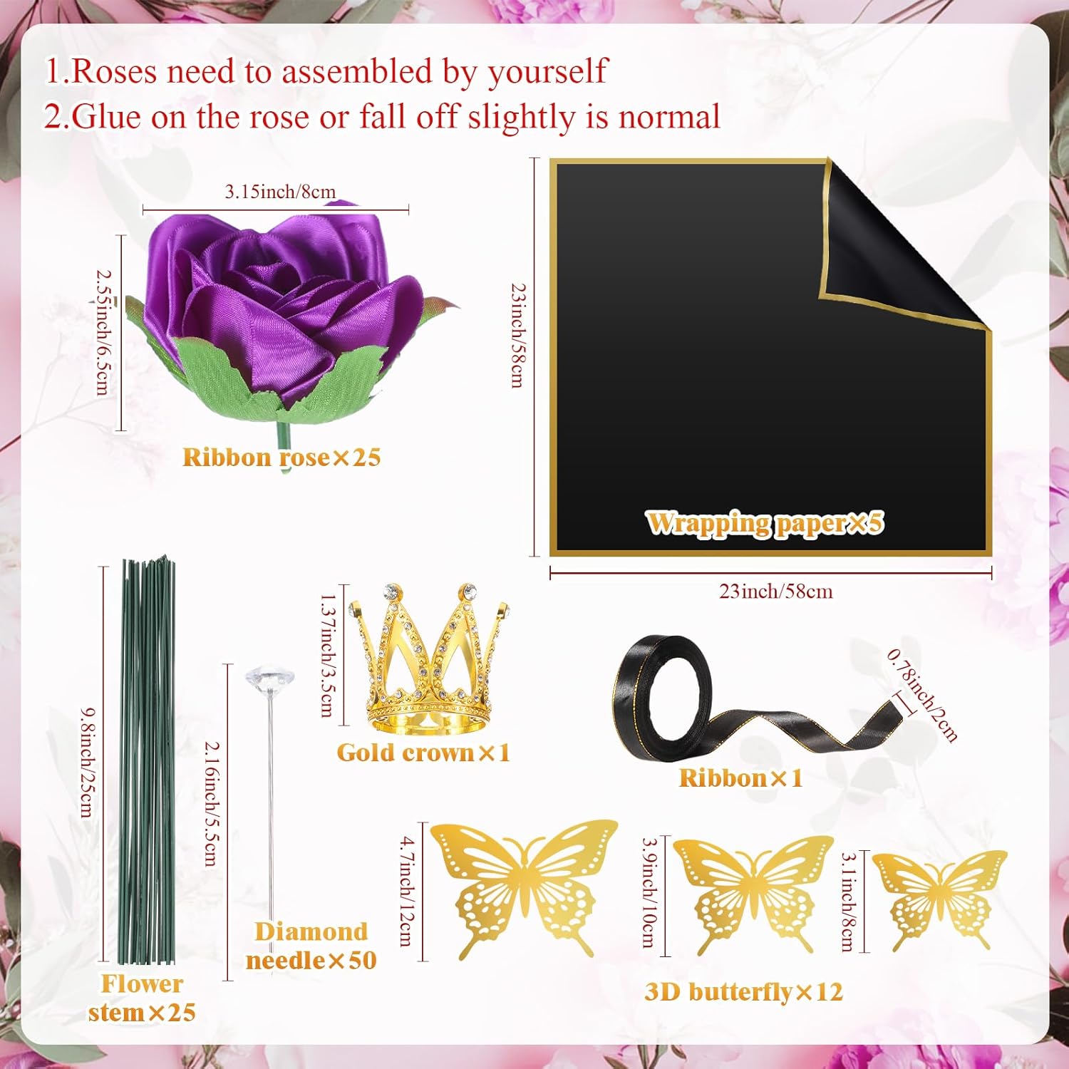 Riceshoot 25 Sets Ribbon Rose Bouquet DIY Fake Roses with Stems Faux Flowers Bouquet Kit Wrapping Paper Crown 3D Butterflies for Graduation Anniversary Birthday Wedding Gift(Purple) - Image 2