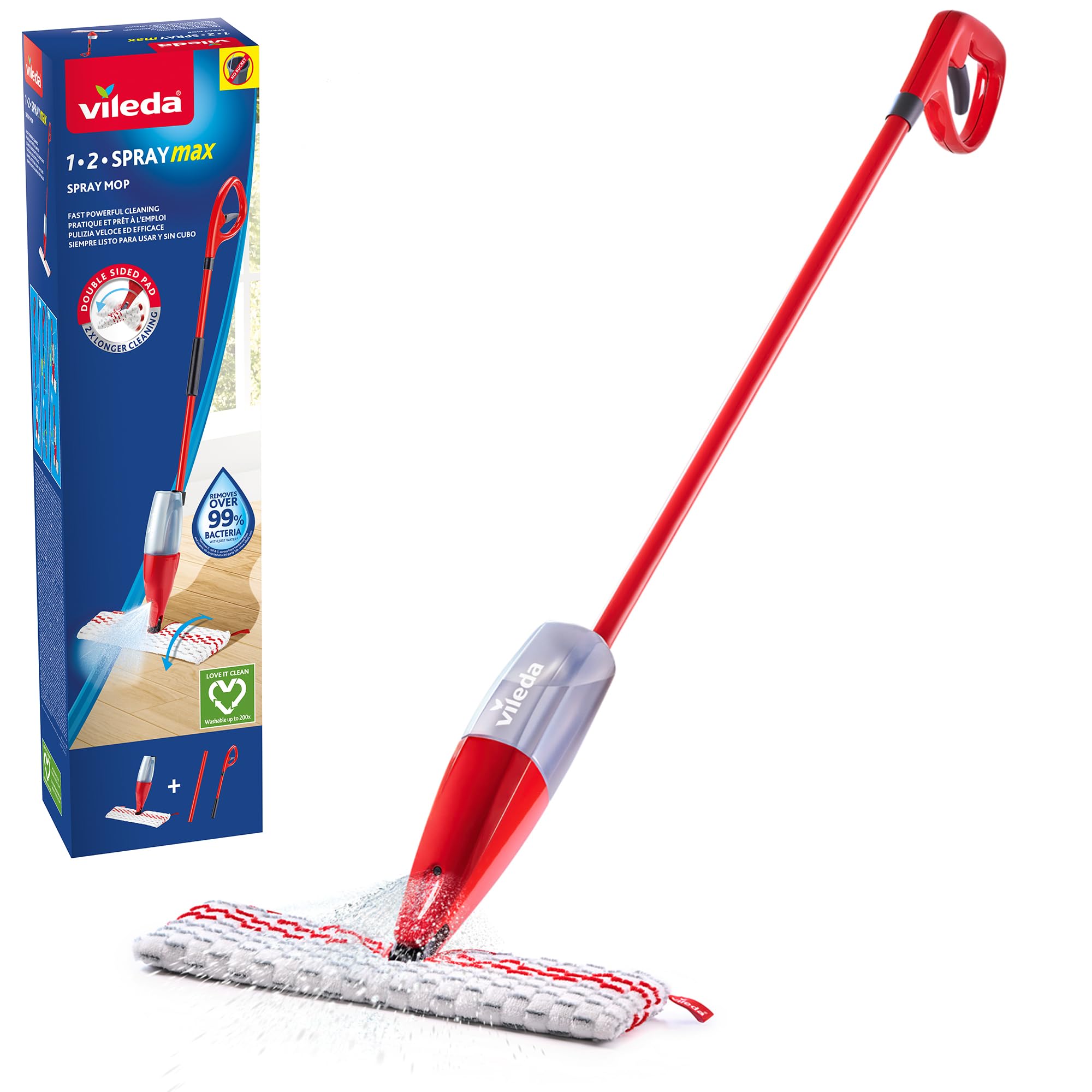 Vileda 1·2 Spray Max, Fregona Mopa con Spray pulverizador, Friega el suela sin cubo, Botella 650ml, Recambio reutilizable de microfibra, Para todo tipo de suelos