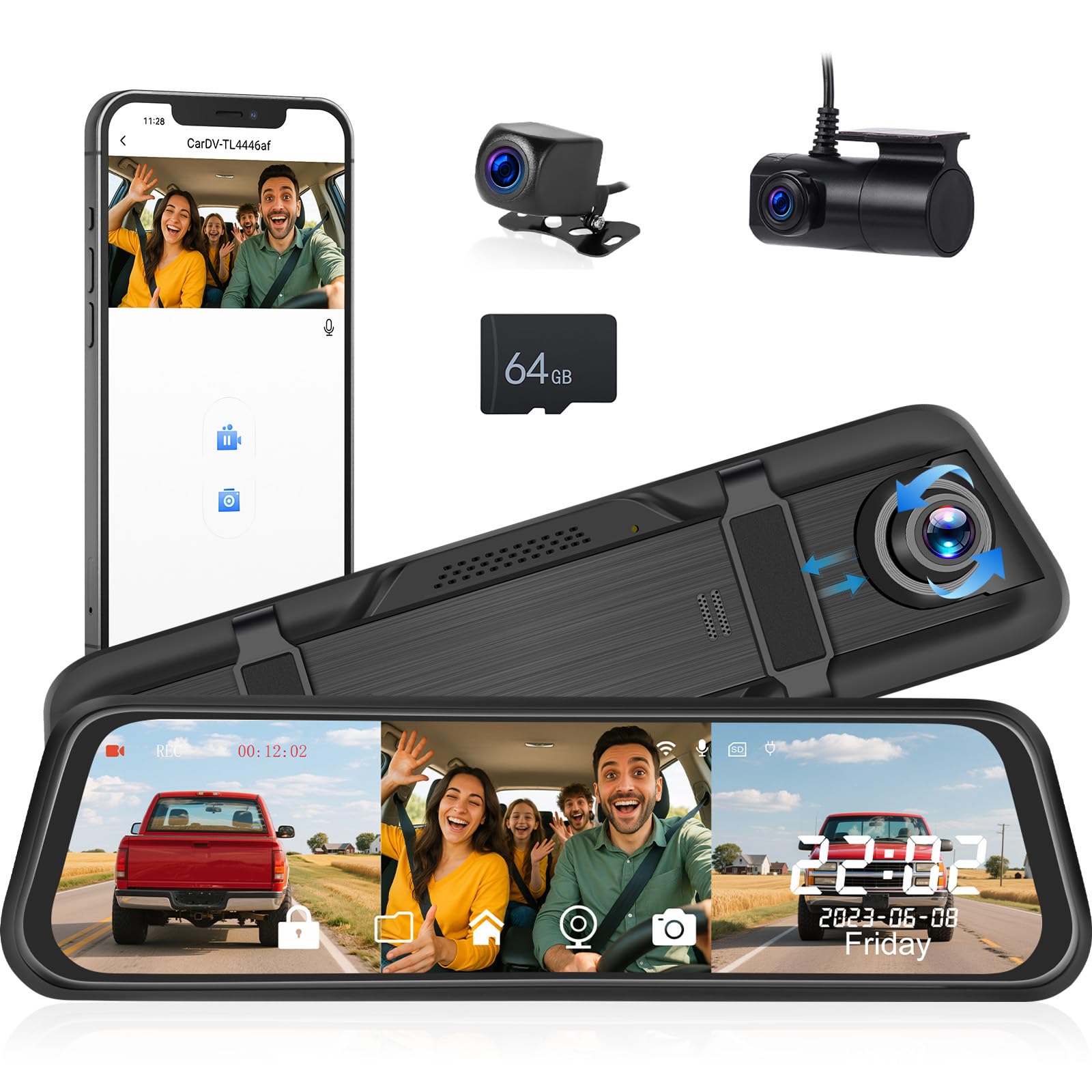 Front view of the UNITOPSCI 9.66 Inch Mirror Dash Cam, showing its sleek design and integrated screen.