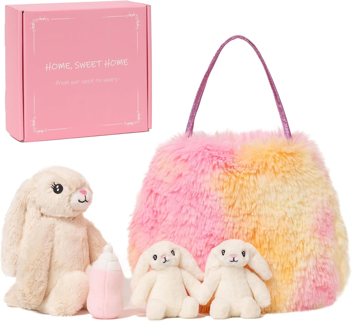 Mommy & Me Bunny Stuffed Animal Role Play Set - 5Pcs Stuffed Toys in Gift Box (not Vacuum-Packed), Including Large Mommy Rabbit, 2 Small Baby Bunnies, Baby Bottle and Fluffy Plush Bag (Beige)