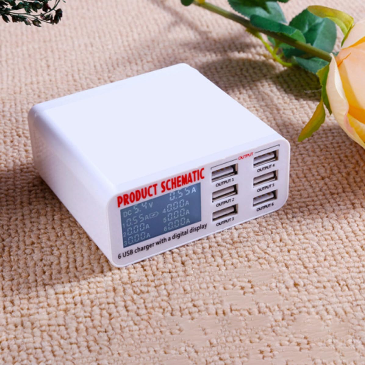 FOMIYES Stazione di Ricarica USB Multipla Protezione da Cortocircuito 40w 6 Porte e Display Lcd Materiali Abs PC Bianco per Dispositivi Elettronici
