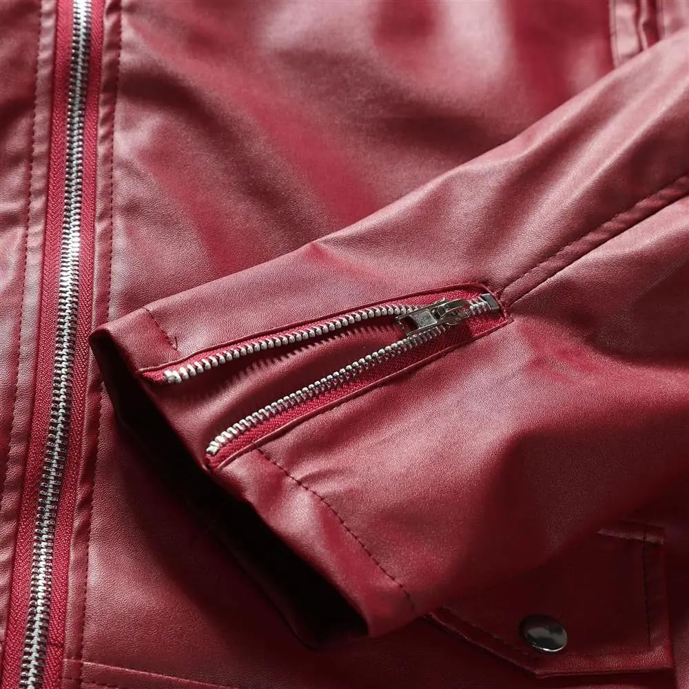 Kurtki Skórzane Męskie - Kurtka Skórzana Męska Pu Jednolity Kolor Casual Slim-Fit Zamek Błyskawiczny Długi Rękaw Kołnierz Odwijany Motocyklowa Skórzana Kurtka Płaszcz Odzież Męska
