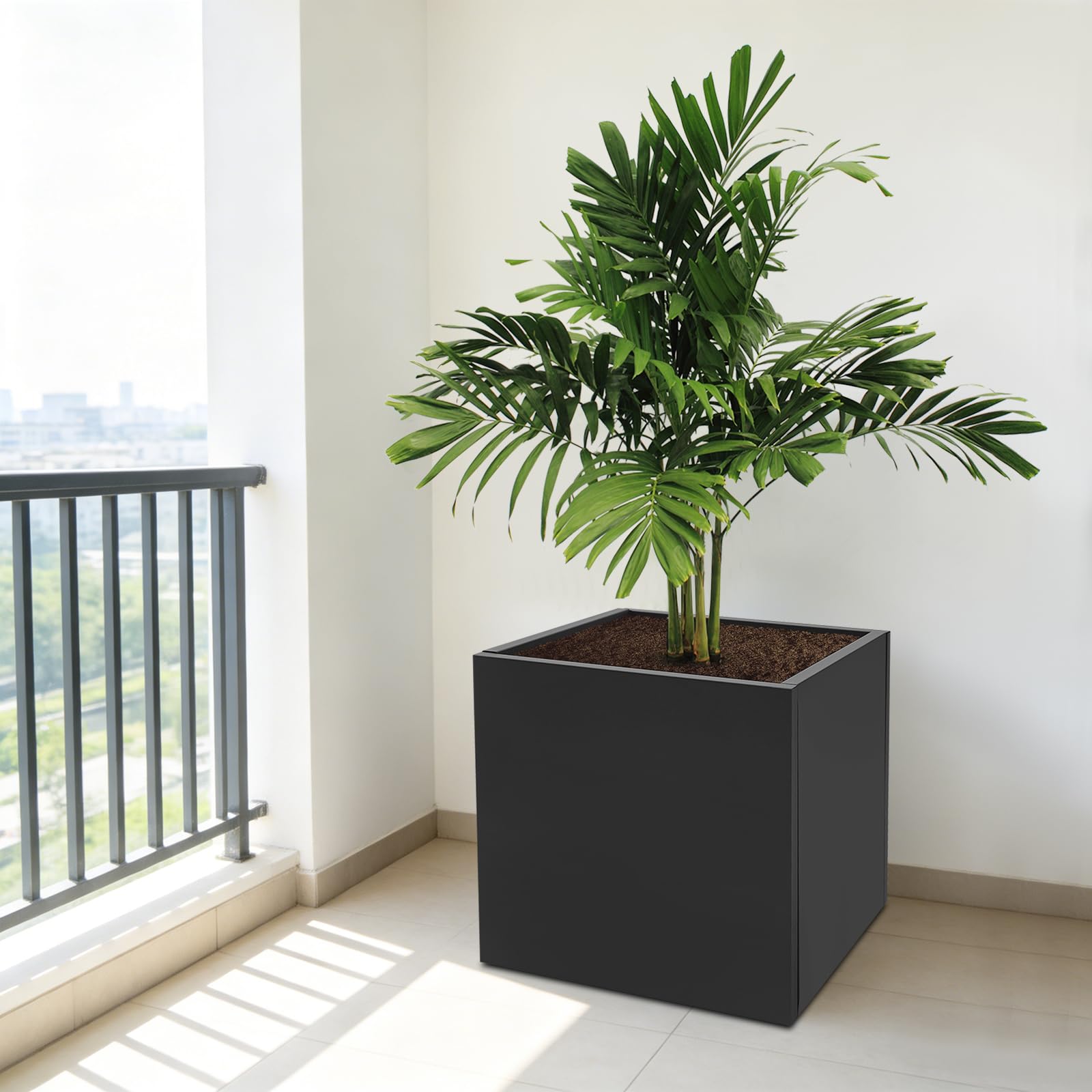 Vaso per piante, grande, 60 x 60 x 60 cm, quadrato, in acciaio, per interni, esterni, giardini, ingressi, terrazze, cortili (nero, 60 cm)