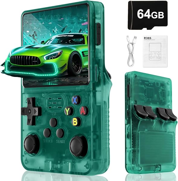 R36S Retro Handheld Video Game Console -Linux System,3000mAh Battery,3.5 Inch Screen,64G TF Card,20000+ Classic Games,Portable Game Console for Present to Give Friends for Christmas-Green - 1