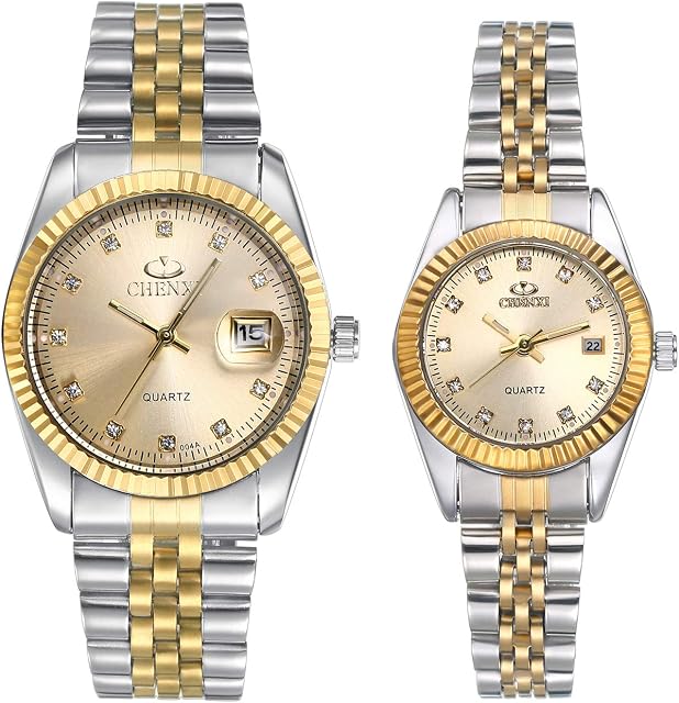 JewelryWe His and Her Matching Couple Watches Gold-Silver Tone Quartz Calendar Watch