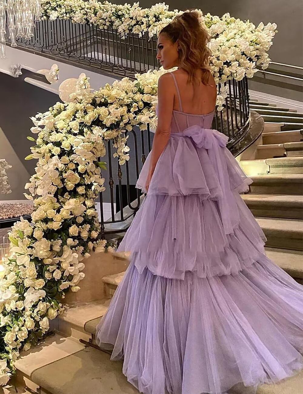 Women's Tulle Prom Dresses 2026 Long Ruffles Bow Spaghetti Straps Corset Tiered Formal Evening Party Gowns