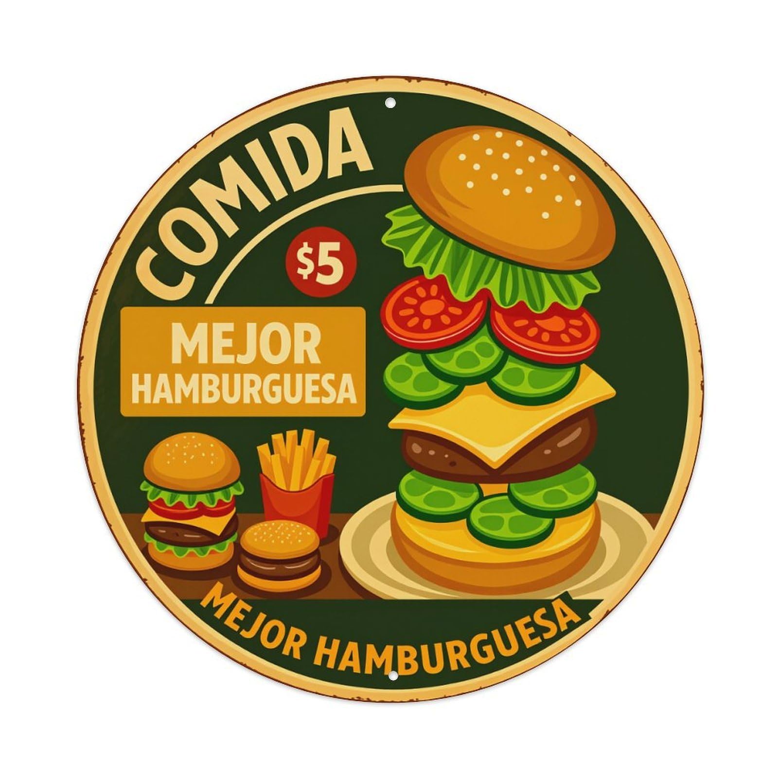 Hamburger Fries Cheese Lettuce Tomato Metal Tin Sign Vintage Garden Bedroom Cafe Bar Man Cave Home Wall Decor Metal Poster 8x8 inches