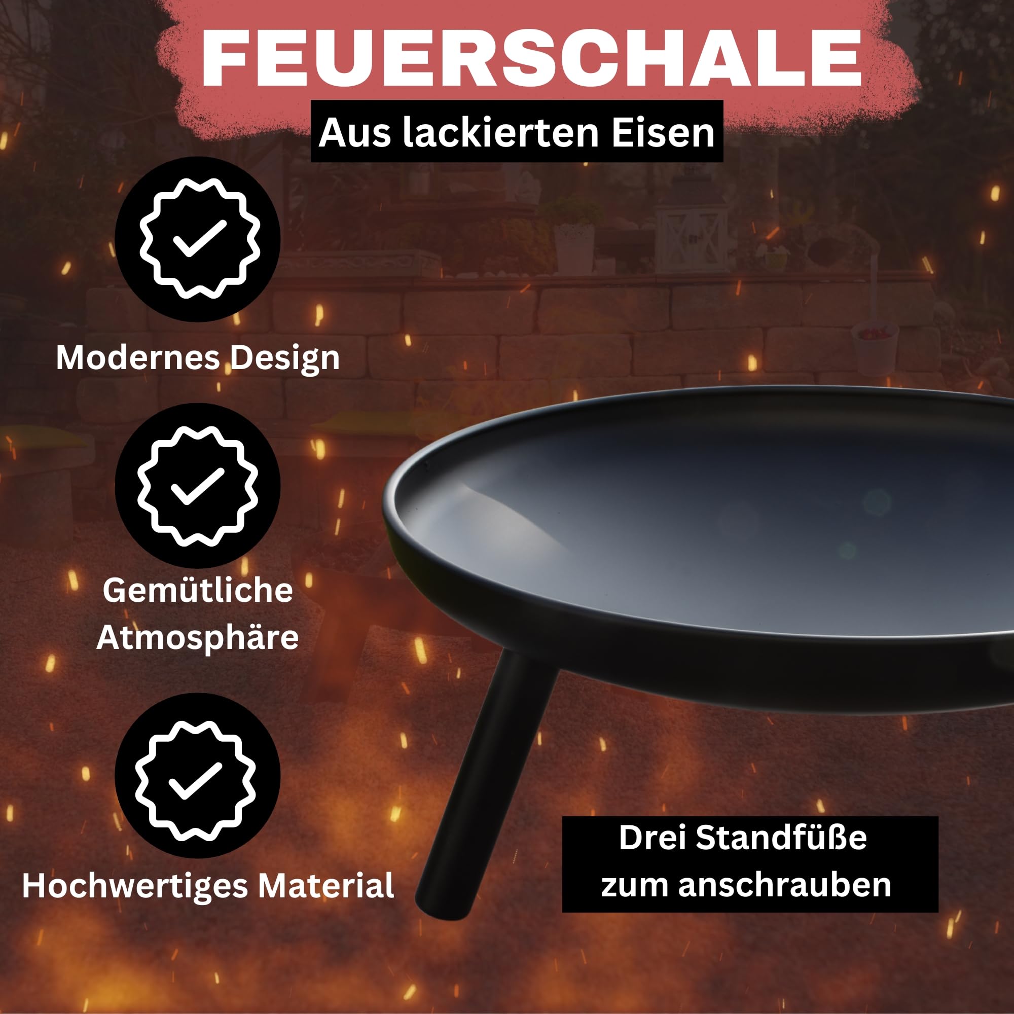 Feuerschale Feuerstelle Ø 60 cm aus lackiertem Eisen mit 2 Tragegriffen feuerfest
