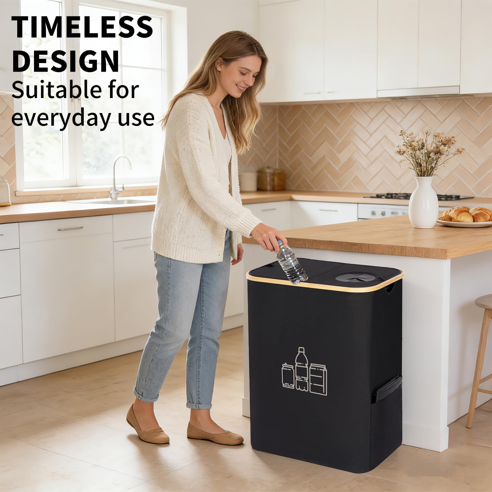 Gelber Sack Ständer 160L, 2-in-1 Pfandflaschen Sammelbehälter mit Deckel, 2 Fächer Mülleimer für 60–120L Gelbe Säcke, Müllsystem für Küche & Haushalt