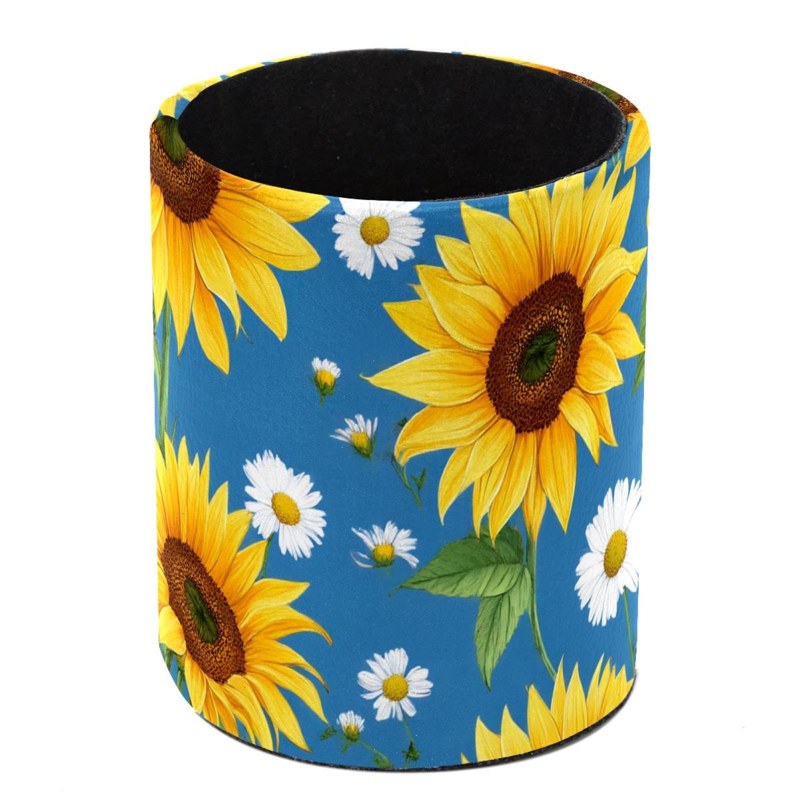 HEOEH Sunflower Pen Holder for Desk, PU Leather Pencil Holder Pen Cup Marker Holder Makeup Brush Holders, Desk Accessories & Workspace Organizers for Home, Office