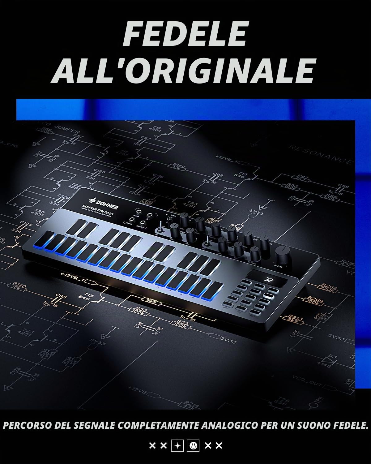 Donner Essential B1 - Sintetizzatore e sequenziatore di bassi analogici, con interfaccia utente intuitiva, 128 modelli di memoria, saturazione e effetti di ritardo, per un suono acido classico