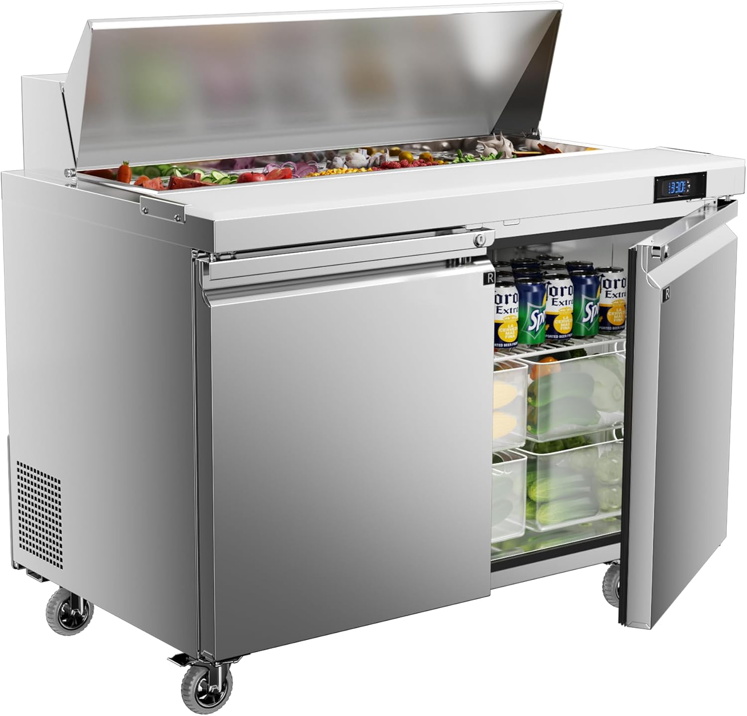 Coolake 48''W 2 Door Commercial Salad Sandwich Prep Table Refrigerator, Stainless Steel 13.5 Cu.ft Counter Fan Cooling Refrigerator with 12 Pans for Restaurant, ETL DOE