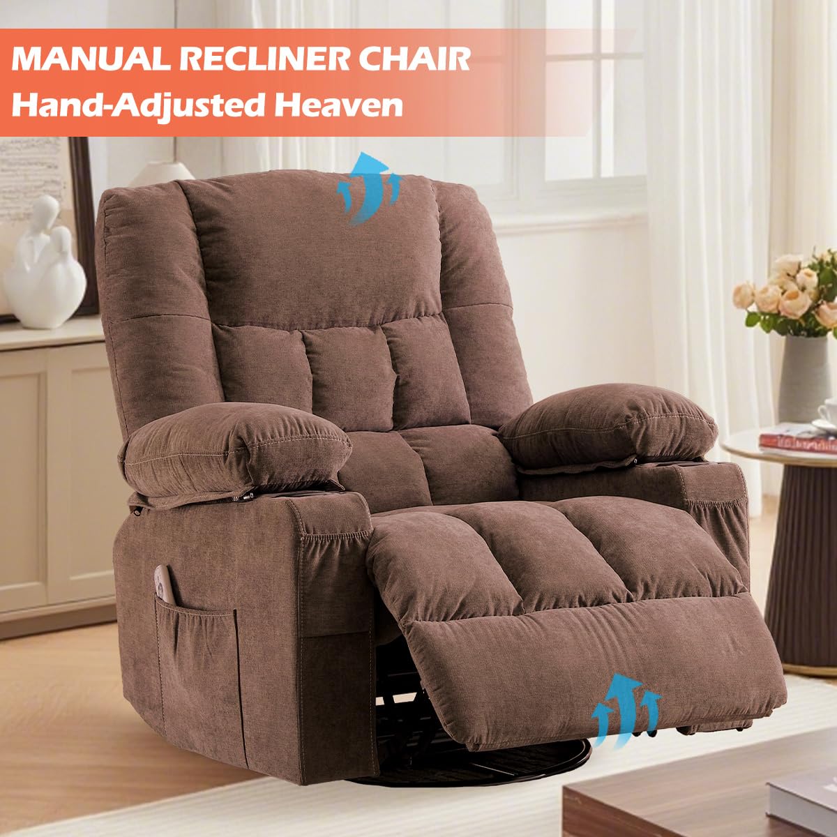 MAHOMICO Recliner Chair with Cup Holders for Living Room Single Seat Manual Oversized Recliner with Ergonomic, Side Pocket for Adult view 8