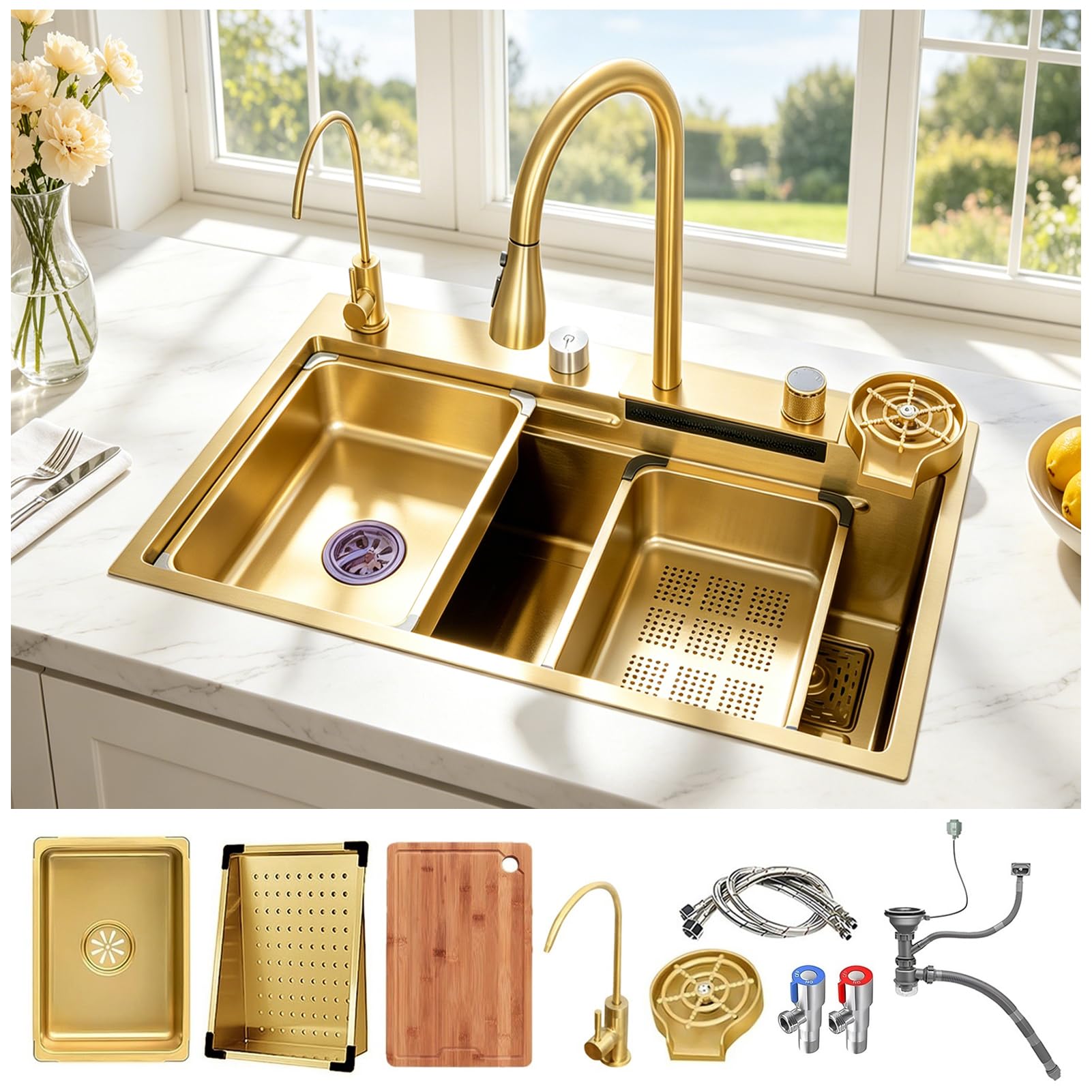 Fregadero de cocina efecto oro, 75 x 50 cm, en acero inoxidable antióxido, grifo extraíble, fregadero multifunción de montaje bajo con función de cascada, juego completo