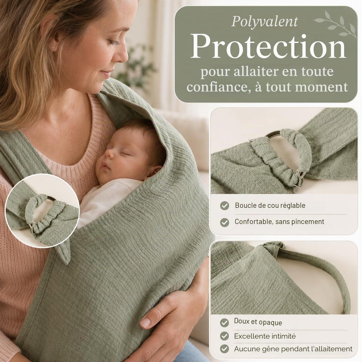 Couverture Allaitement Bébé avec Pochette, Cape d'Allaitement en Mousseline, Tablier Allaitement avec Lanière Réglable, Vêtement Allaitement Femme en Coton, Cache Allaitement Écharpe