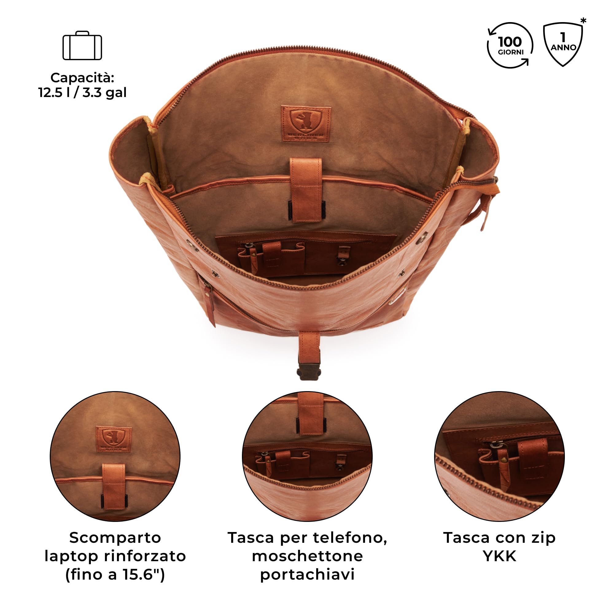 Berliner Bags Zaino Utrecht M in Vera Pelle Conciata al Vegetale, Rolltop con Scomparto per Laptop 15”, Formato Medio per Lavoro e Città, Uomo e Donna – Marrone