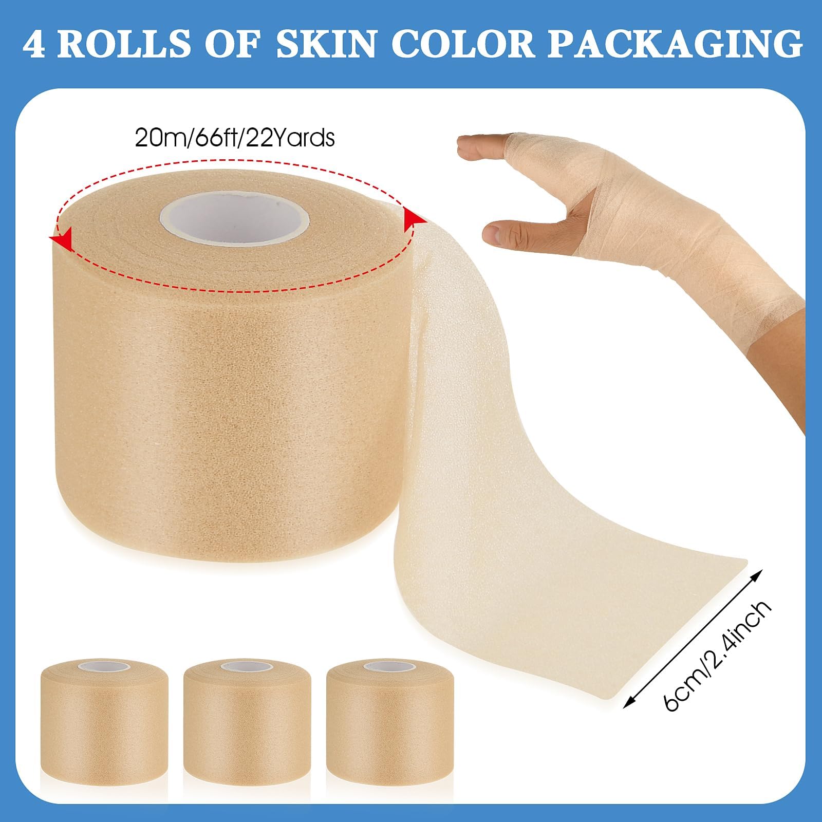 ASTER Soft Sports Tapes, 4 Rolls Pre Wrap Tape Foam Underwrap Tape, Non-Adhesive Protective Foam Wrap for Hair Ankles Wrists Hands and Knees, 2.4 Inches x 22 Yards(Beige)