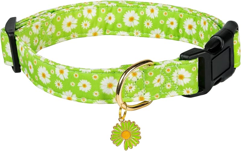 Coleira para Cães em Algodão com Estampa Floral Verde, Ajustável e com Pingente PREHAI – CHUJU2MMA